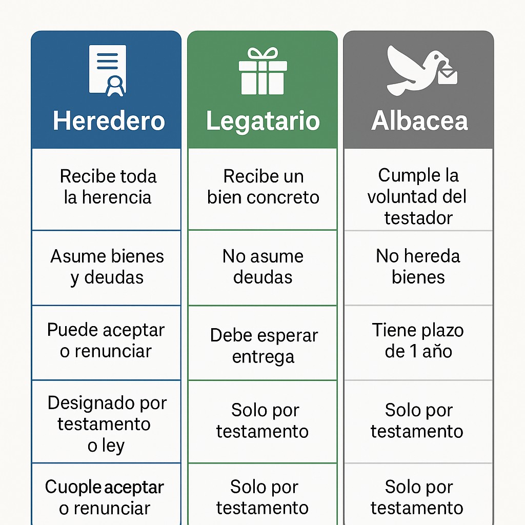Diferencias entre heredero, legatario y albacea