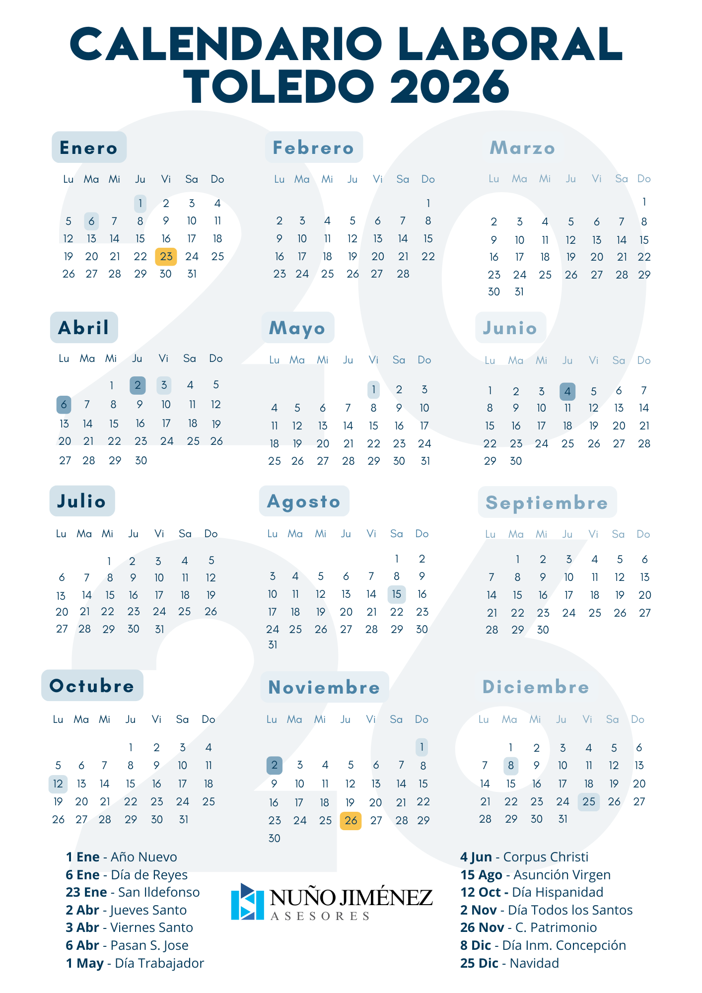 Calendario laboral de Toledo capital 2026 en PDF