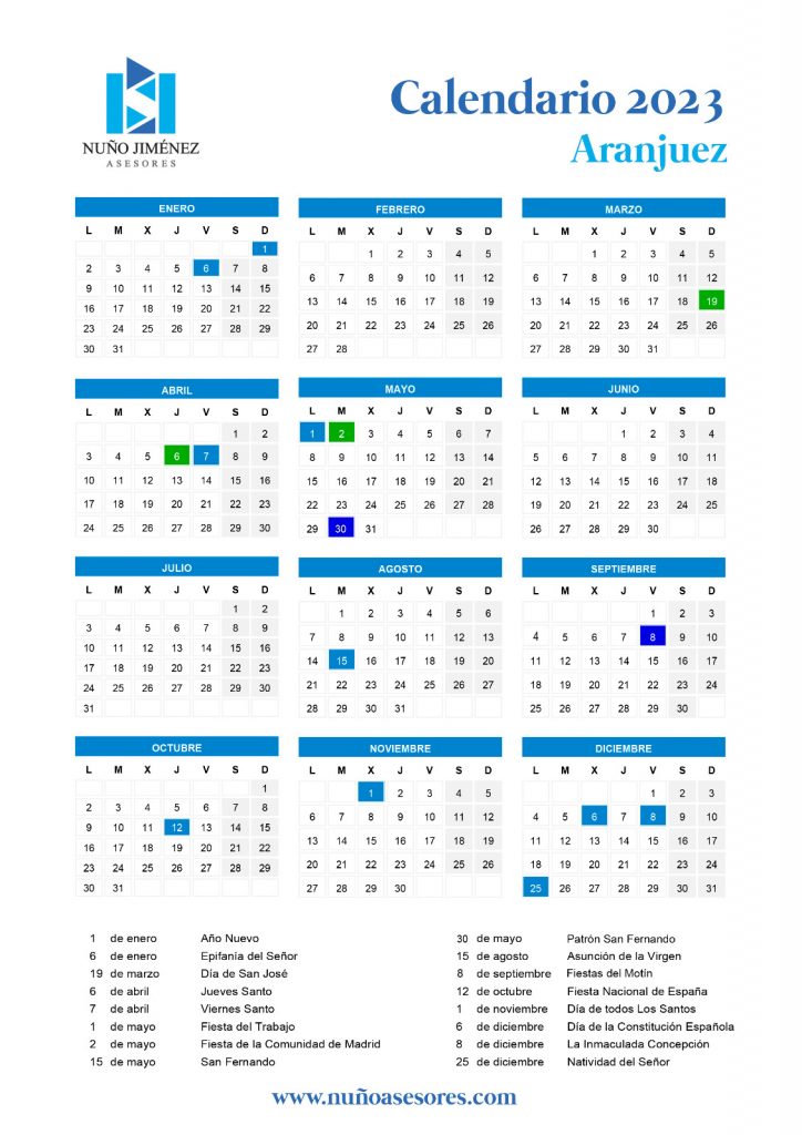 Calendario Festivos Aranjuez 2023 - Nuño Asesores 